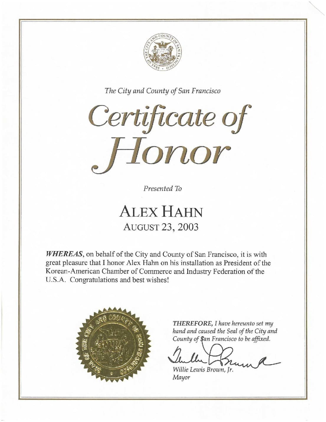 Original Certificate of Honor scan